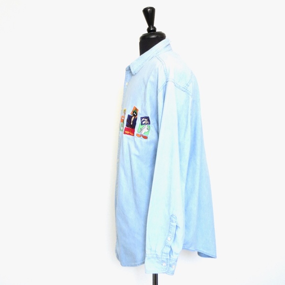 VINTAGE 90's Warner Bros Looney Tunes Chambray Shirt Embroidered Button Front XL - Picture 5 of 10